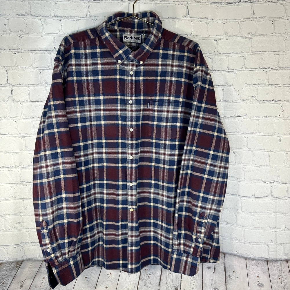 Barbour Dawson Tailored Fit Plaid Flannel Shirt Mens XXL Burgundy Navy Blue